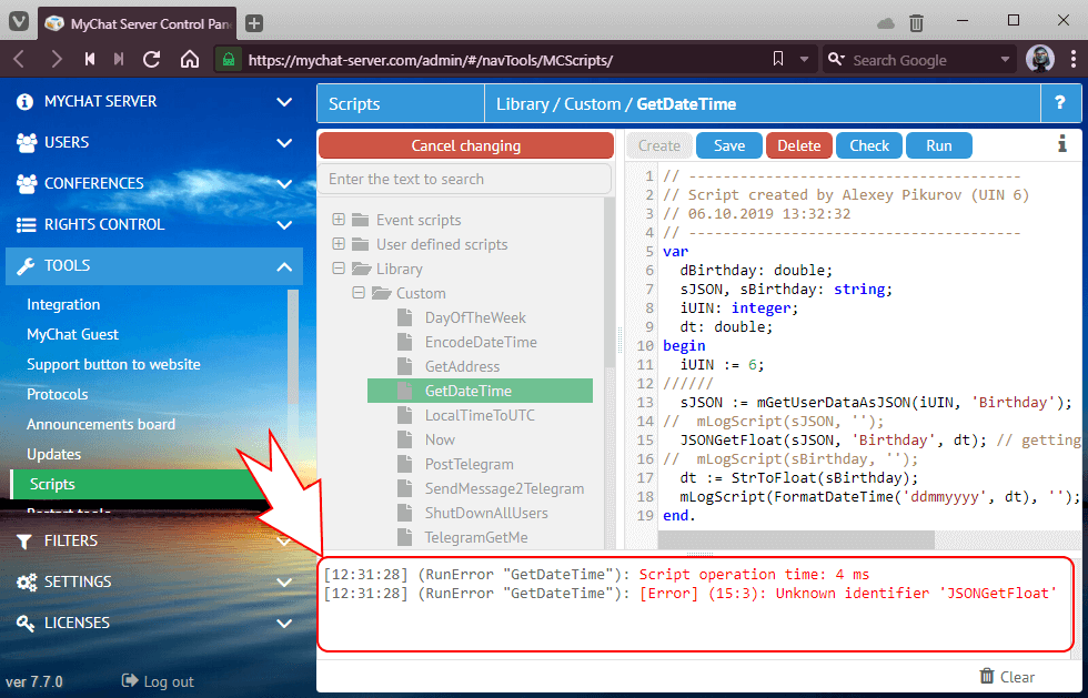 MyChat Scripts editor console